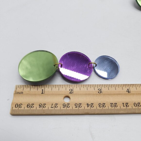 Vintage 1980s Green Purple Blue Acrylic Disc Dangle Earrings Clip-On Retro - Picture 5 of 7